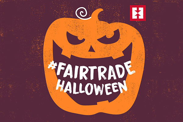 Pumpkin graphic saying Fair Trade Halloween