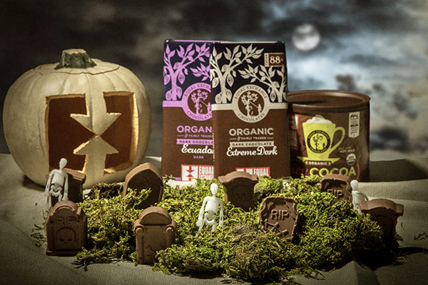 Chocolate gravestones and chocolate bars in a spooky setting